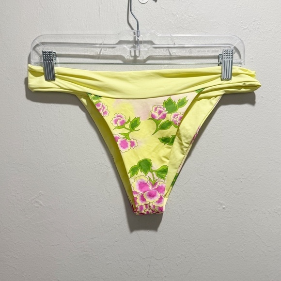 FRANKIES BIKINIS Women’s Yellow Pink Floral NICK Swim Bottom In MOJITO Size L - Picture 2 of 5